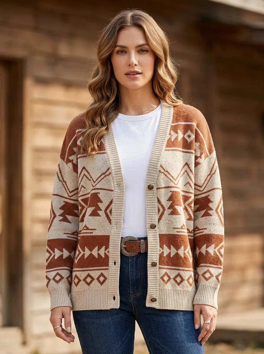 Women's Western Rust and Beige Geometric Pattern Cardigan