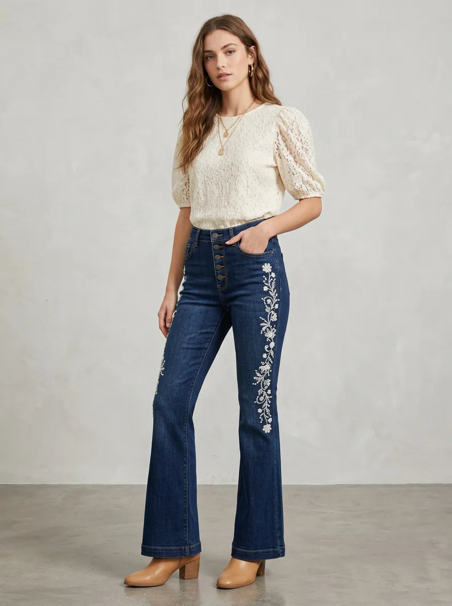 Women's Floral Embroidery High-Waisted Button-Fly Printed Jeans