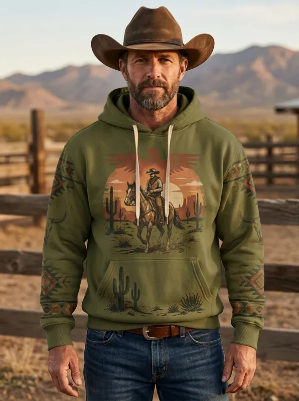 Men's Western Cowboy Horse Cactus Graphic Hoodie
