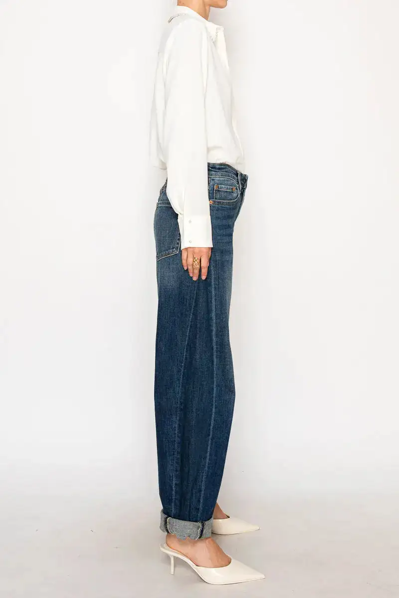 Barrel Leg Ankle Length Cuffed Distressed Denim Jeans
