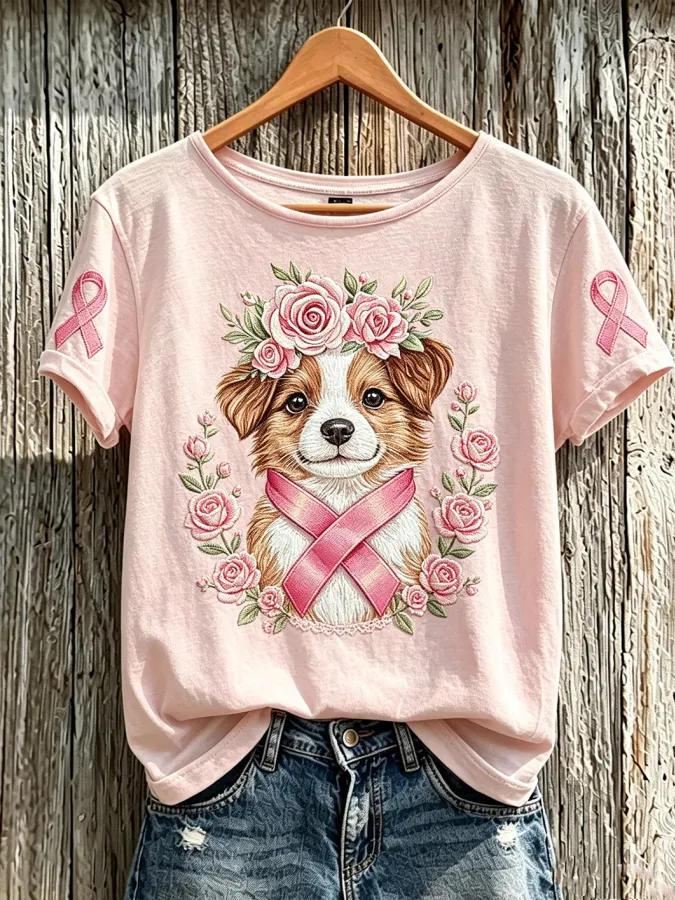 Women'S Breast Cancer Cute Dog Pattern Printed Casual Short-Sleeve T-Shirt