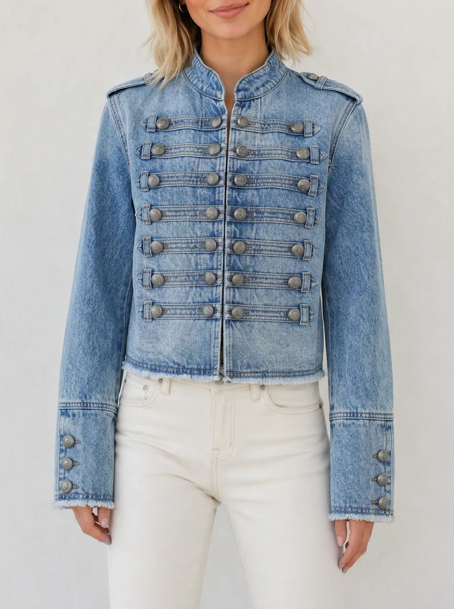 Women's Military Style Vintage Wash Buttoned Denim Jacket
