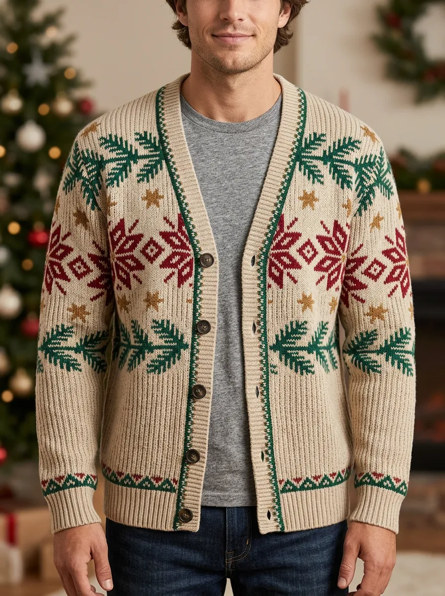 Snowflake Pine Tree V Neck Cardigan
