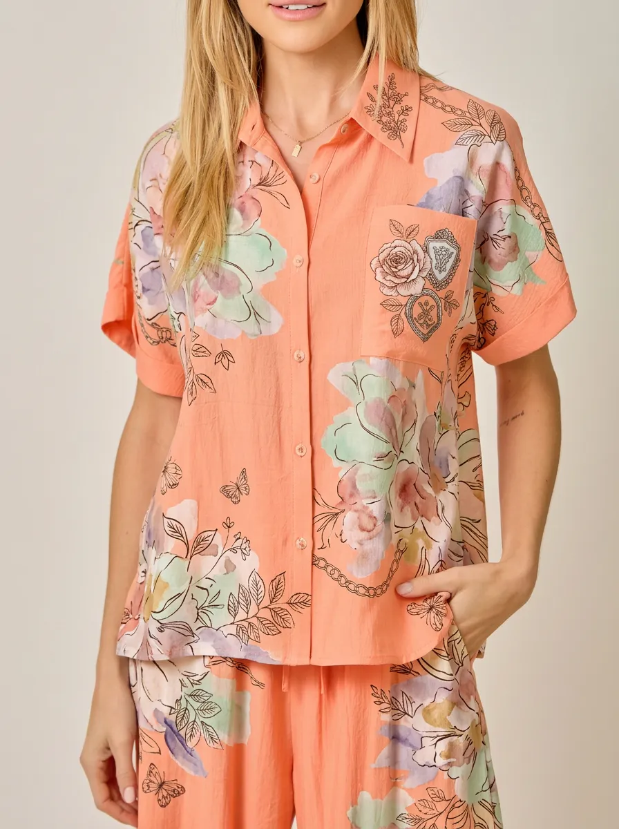 Women's Floral Butterfly Chain Printed Button-up Shirt