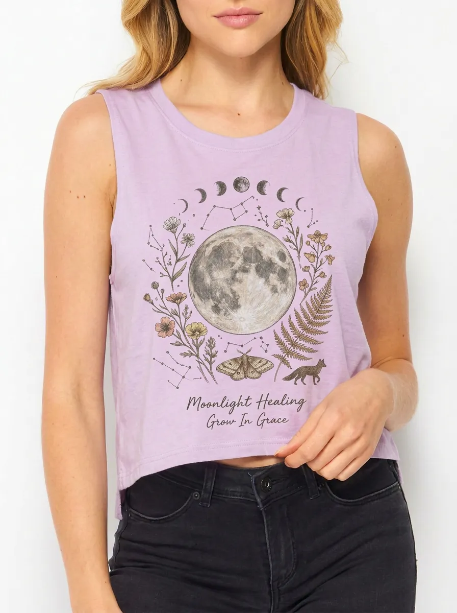 Women's Celestial Moon Floral Moth Printed Crop Tank Top