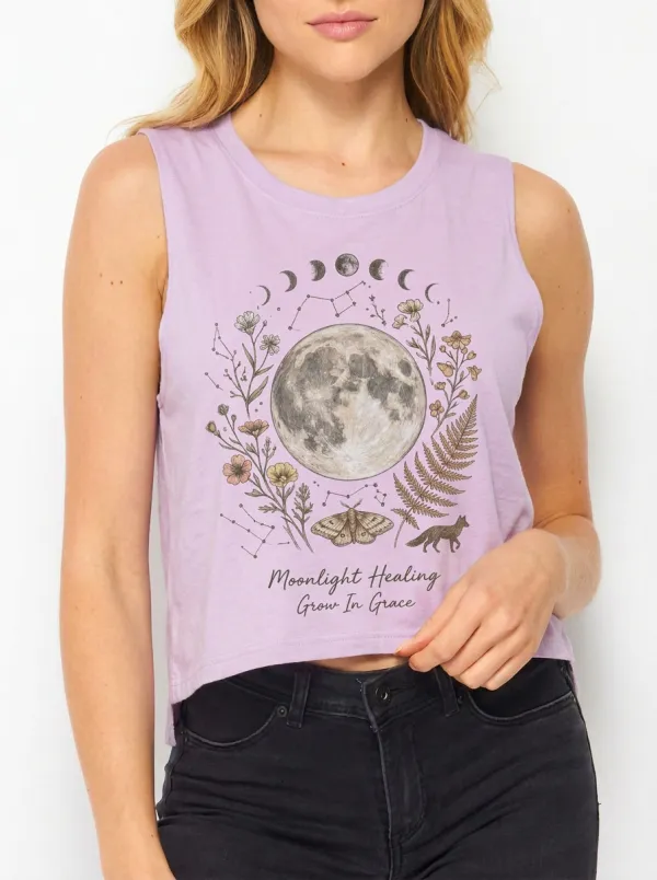 Women's Celestial Moon Floral Moth Printed Crop Tank Top