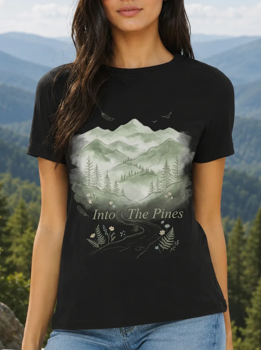 Women's Nature Lover Mountain Forest Into The Pines Printed T-shirt