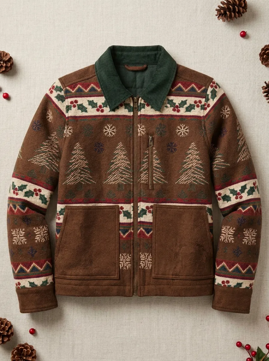 Unisex Christmas Tree Snowflake Holly Print Zip-up Jacket
