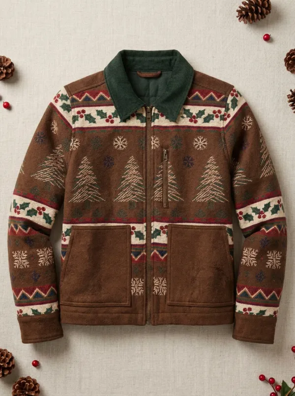 Unisex Christmas Tree Snowflake Holly Print Zip-up Jacket