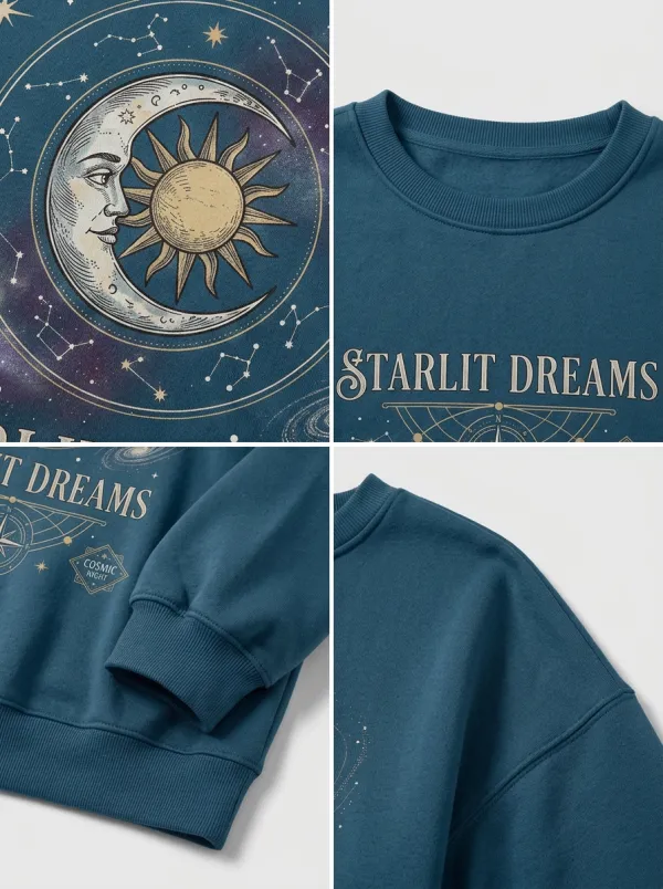 Women's Celestial Starlit Dreams Sun Moon Constellation Printed T-shirt
