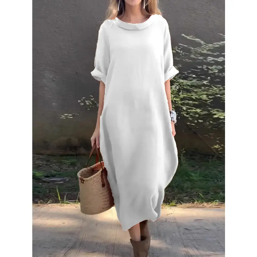 Full Size Casual Loose Fit Round Neck Midi Dress Plus Size