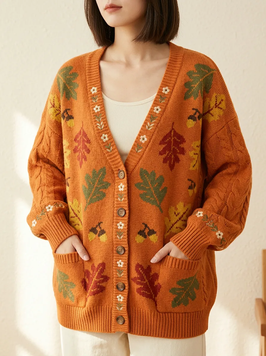 Leaves Acorn Floral Patterned Women's Knit Cardigan