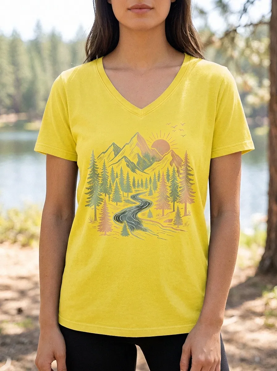 Women's Nature Lover Mountain River Forest Printed V-Neck T-Shirt
