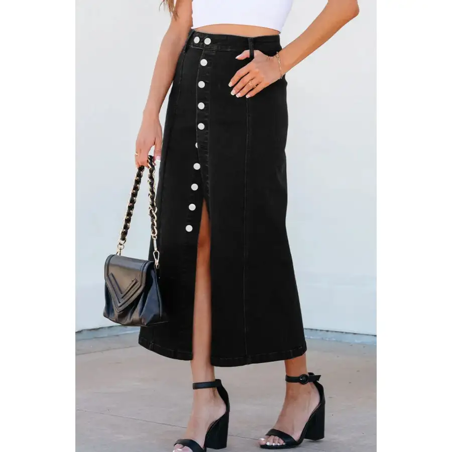 Button Fly Side Split Denim Midi Skirt