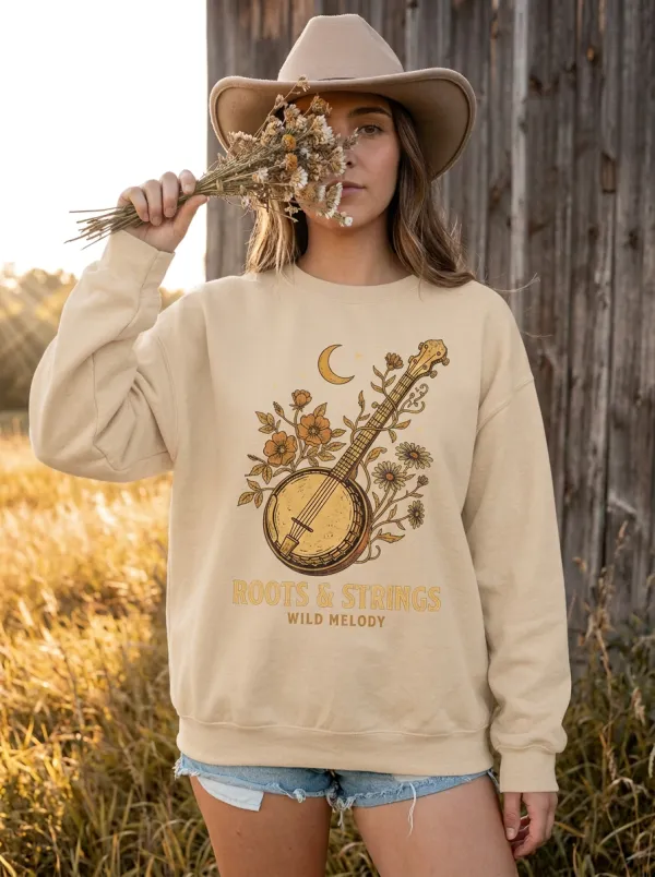 Western-Inspired Banjo Women's Country Music Crewneck Sweatshirt