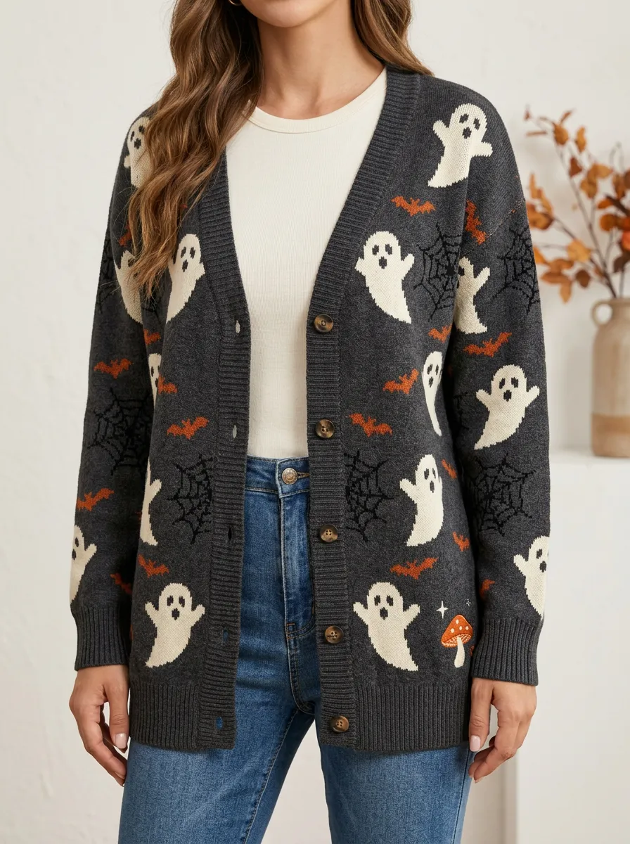 Women's Halloween Ghost Bat Spiderweb Patterned Knit Cardigan
