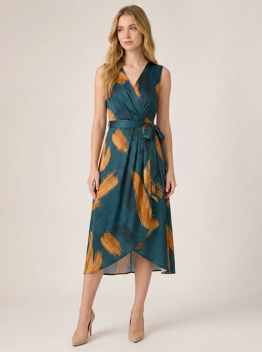 Women's Abstract Brushstroke Teal Mustard Printed Wrap Dress