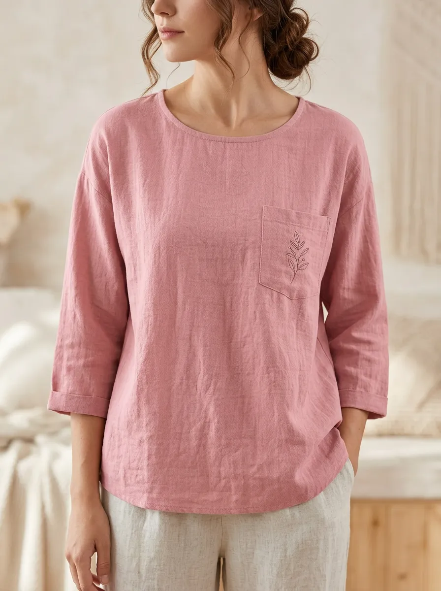 Women's Casual Botanical Leaf Pocket Printed Cotton And Linen Top