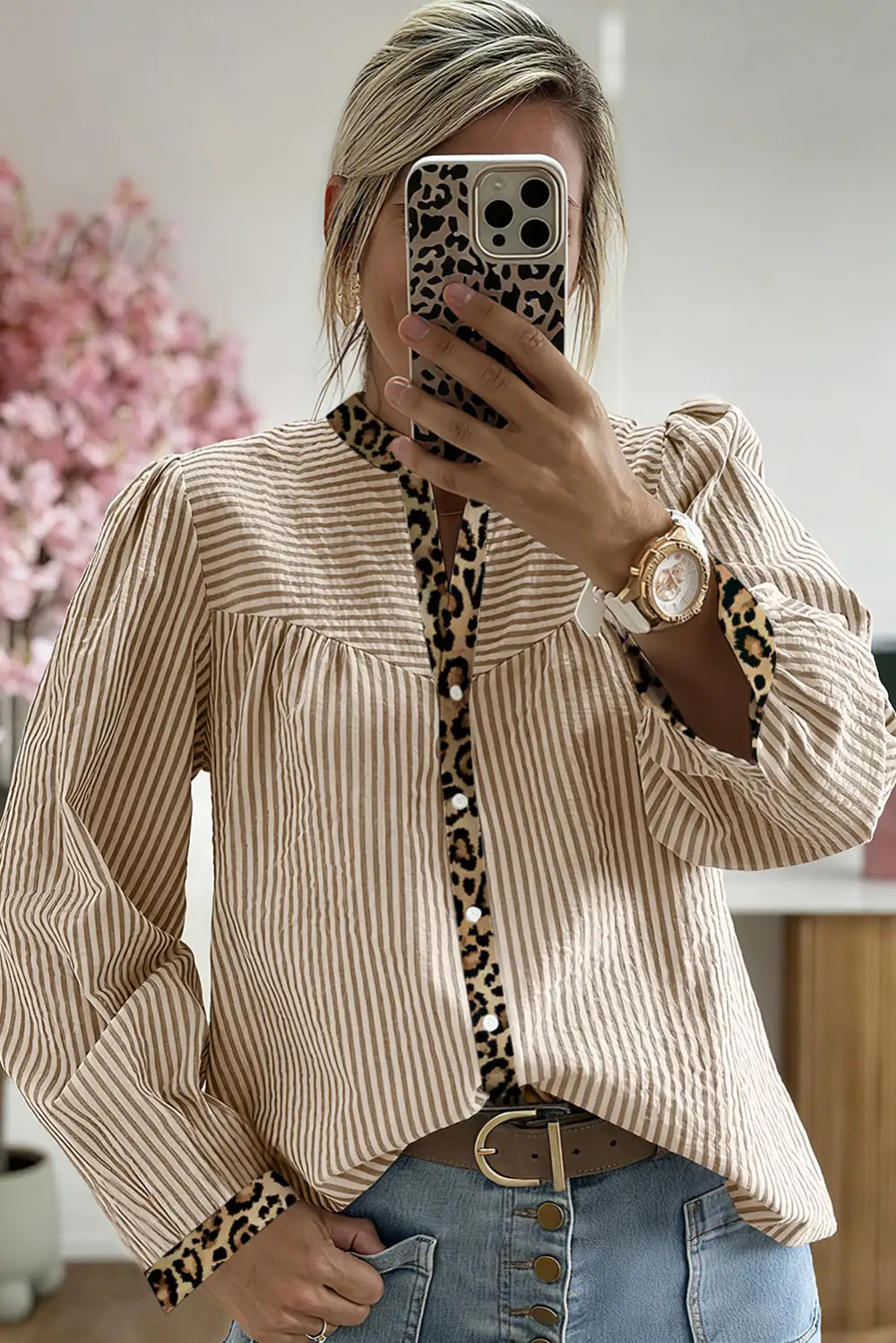 Striped Leopard Print Patchwork Shirt Blouse