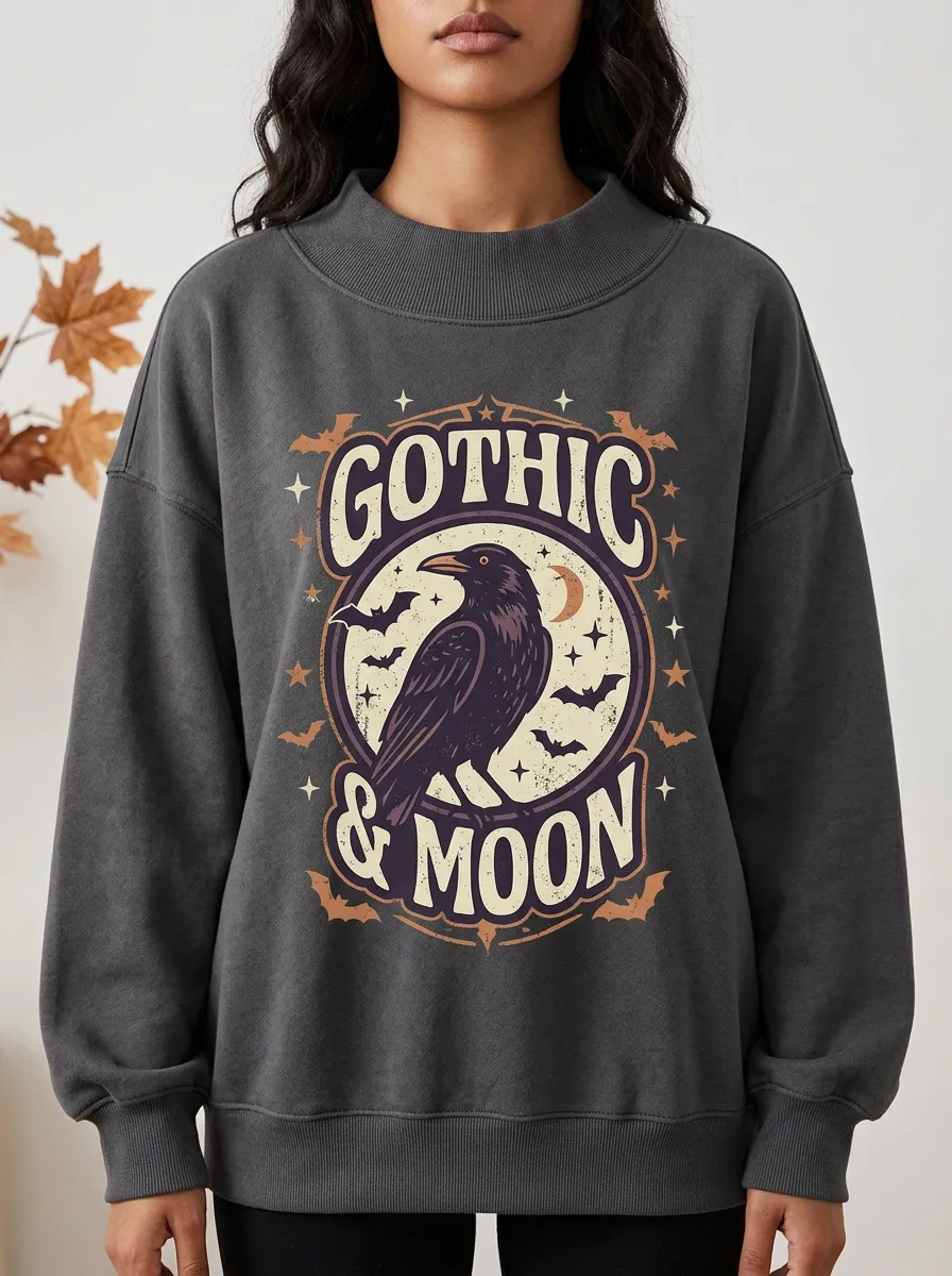 Women's Halloween Gothic Raven Moon Printed Sweatshirt
