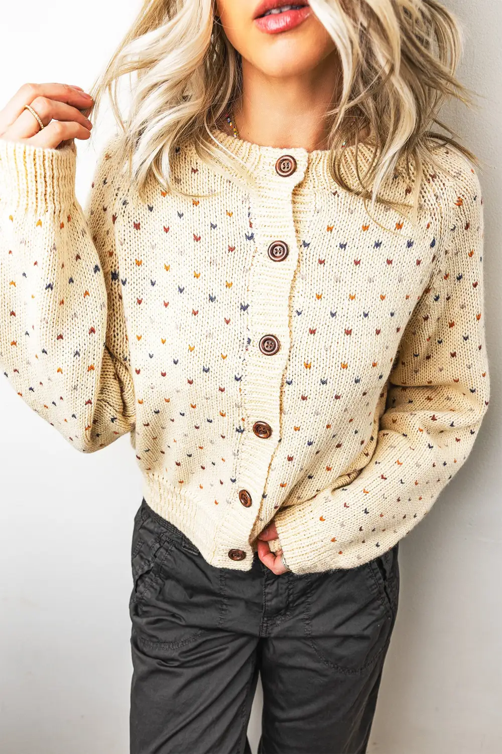 Button-Front Round-Neck Long-Sleeve Ribbed Cardigan