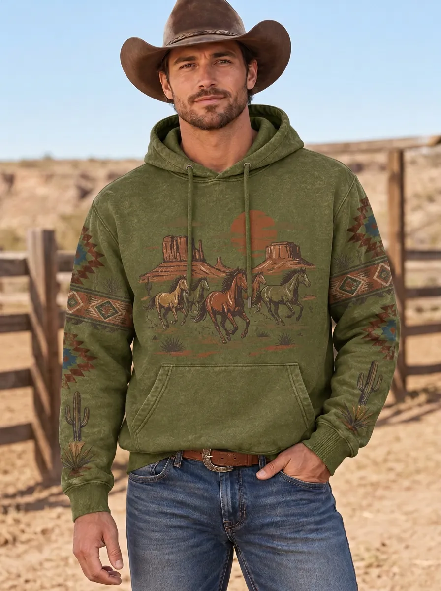 Men's Trail Inspired Western Cowboy Horse Desert Graphic Hoodie
