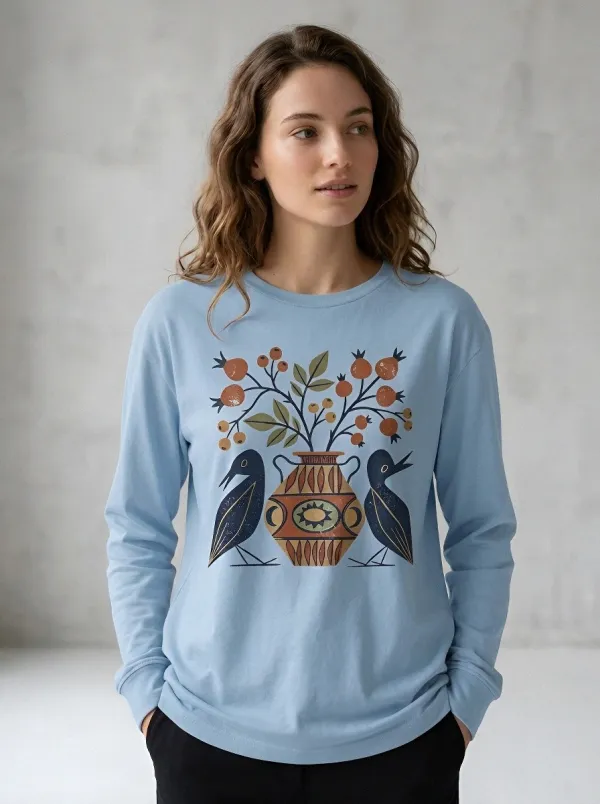 Women's Folk Art Bird Vase Botanical Printed Long Sleeve Top