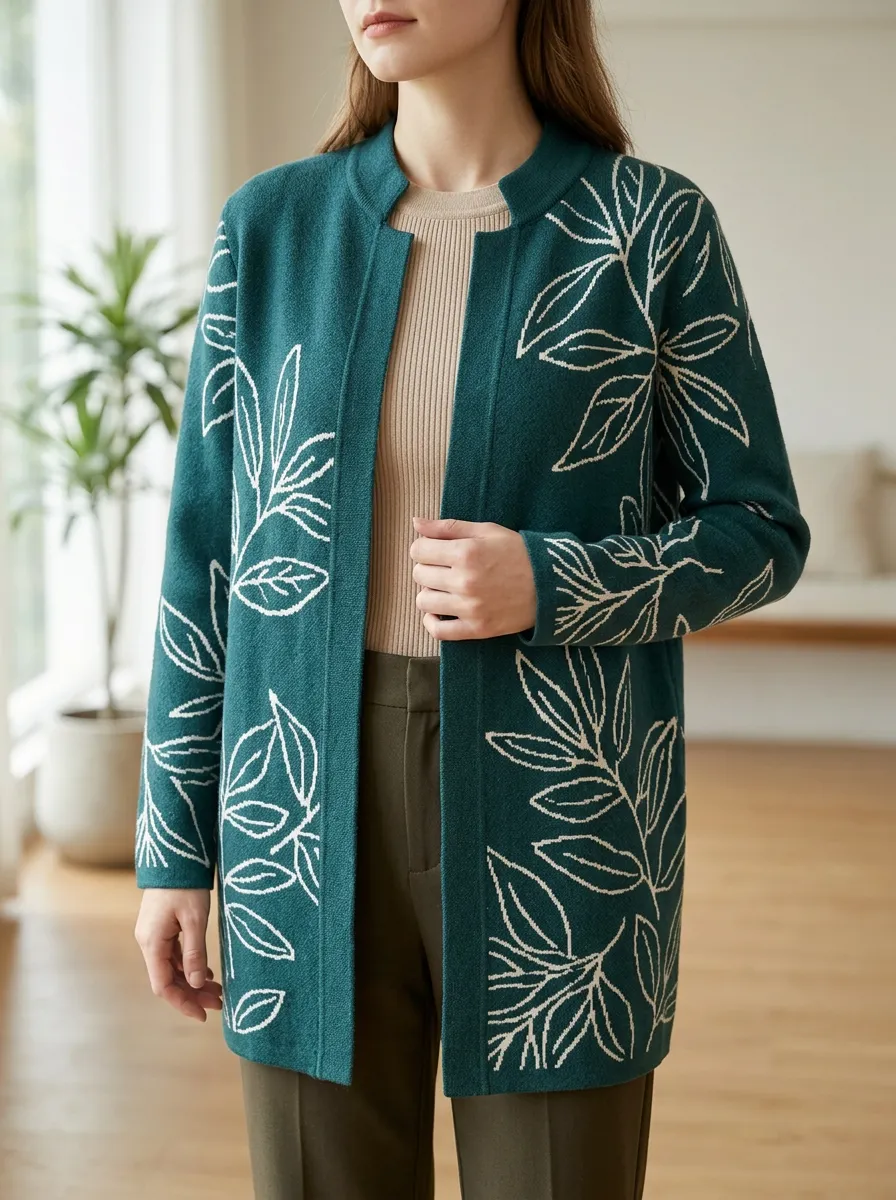 Women's Botanical Leaf Pattern Printed Long Sleeve Relaxed Layering Cardigan
