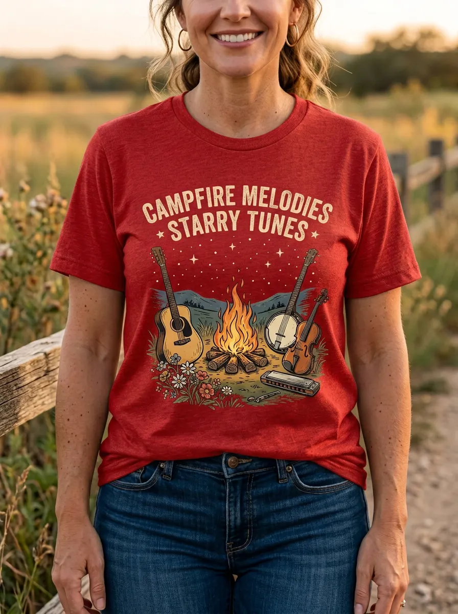 Banjo Guitar Campfire Country Music Graphic T-Shirt