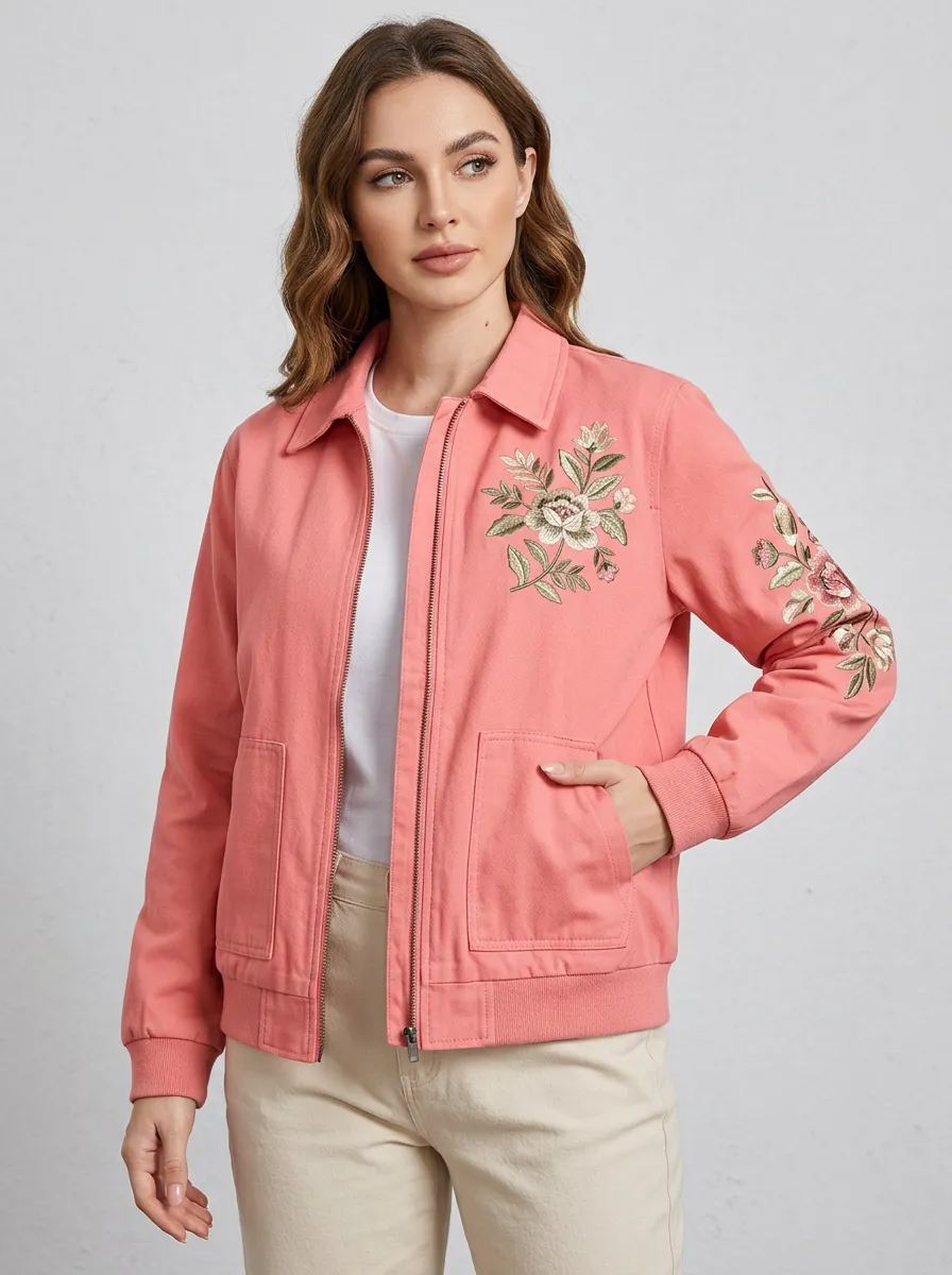 Women's Pink Floral Embroidery Patterned Zip-up Jacket