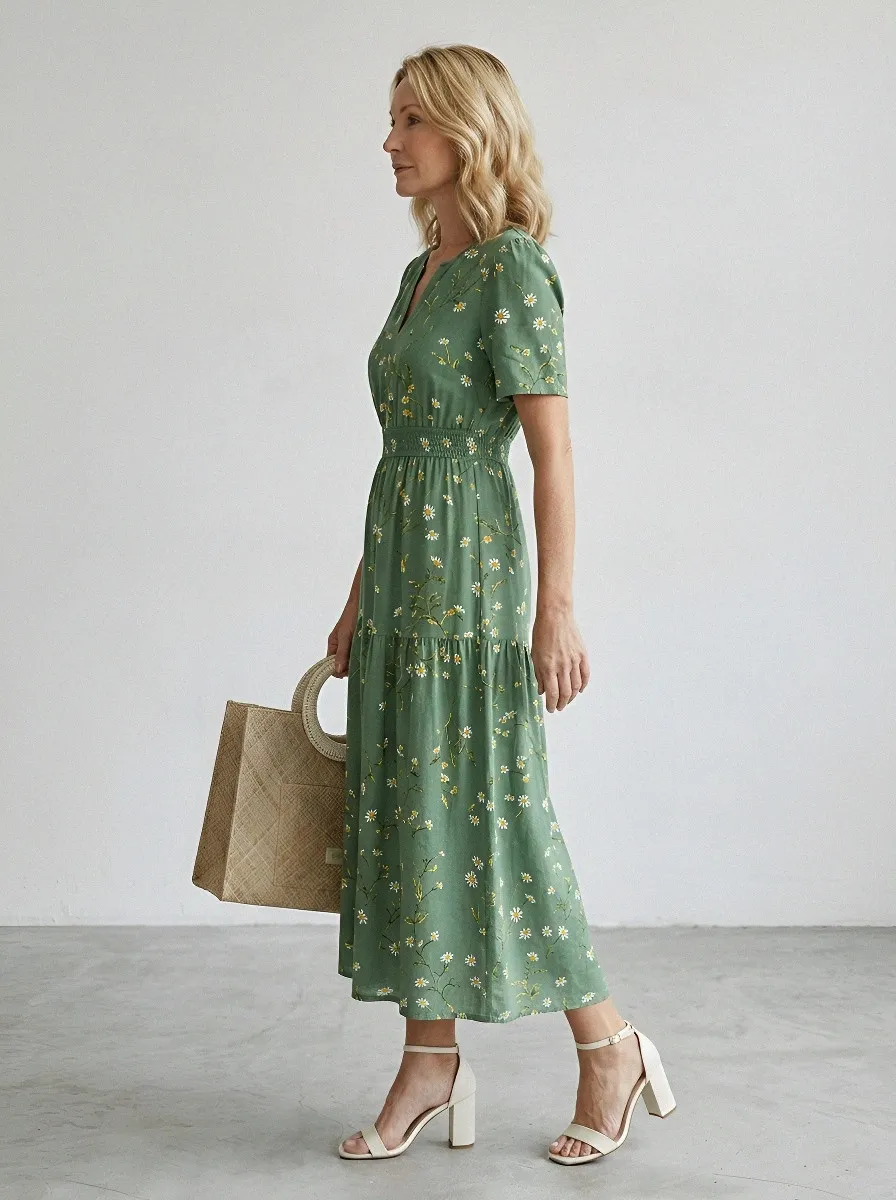 Women's Summer Vacation Daisy Floral Printed Midi Dress