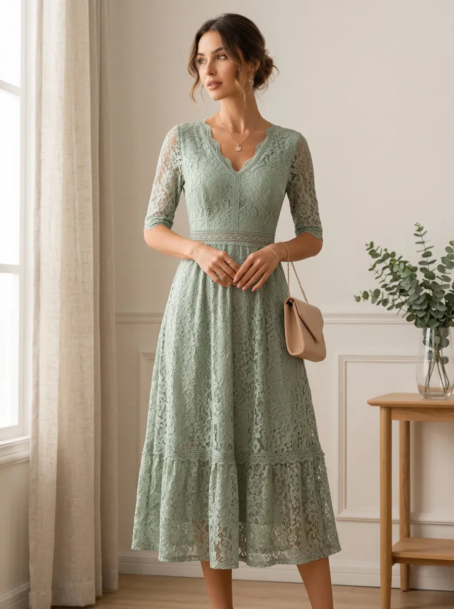 Women's Sage Green Floral Lace V-Neck Midi Dress