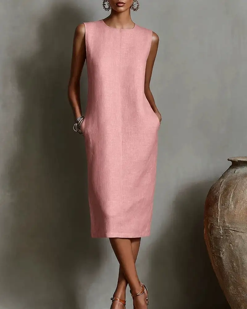 Linen Blend Sleeveless Crew Neck Midi Dress