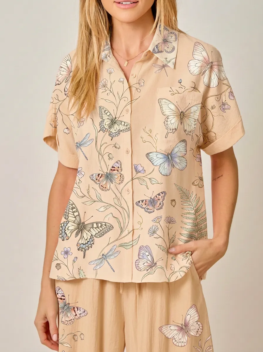 Women's Nature Lover Butterfly Dragonfly Floral Printed Shirt