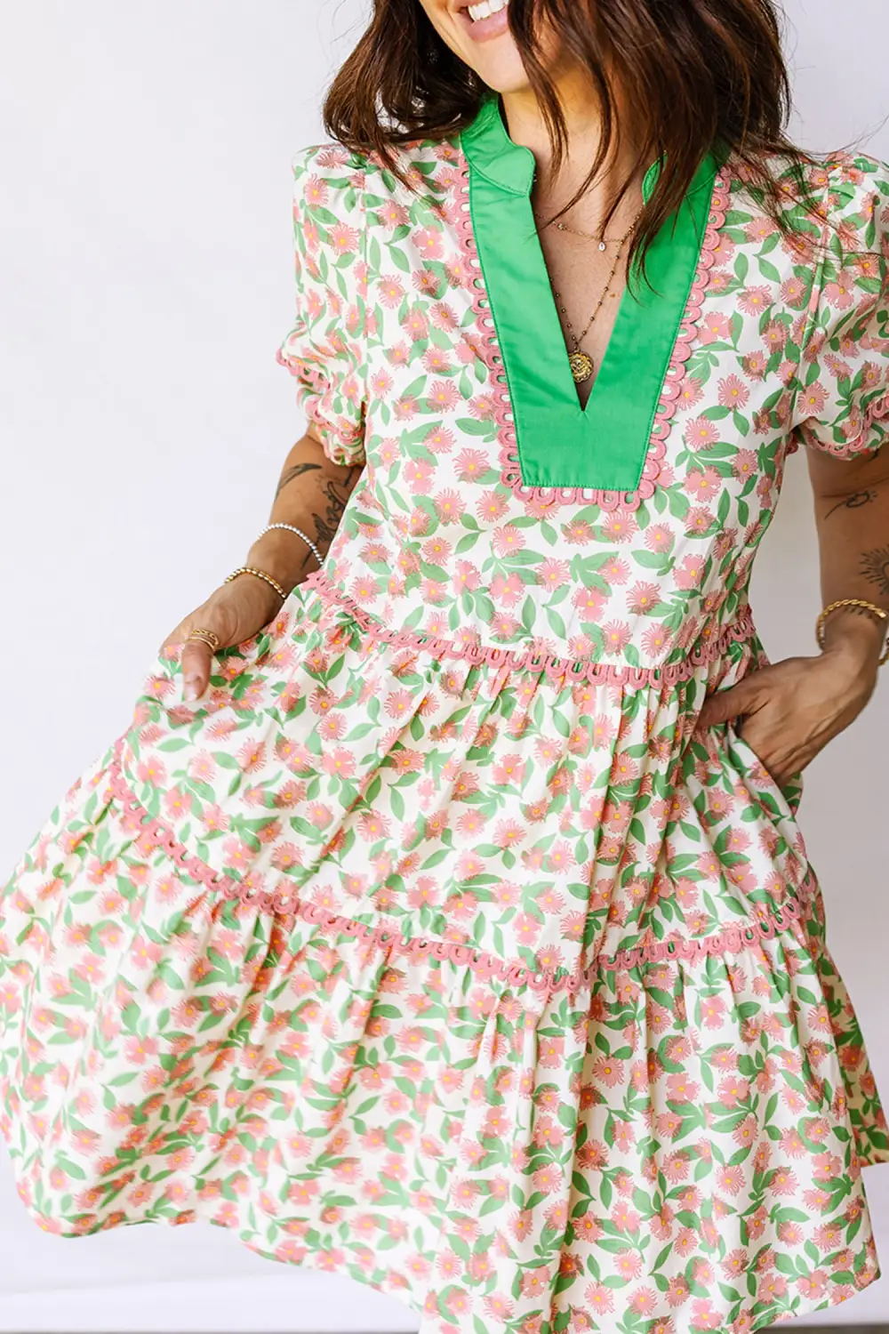 Floral Contrast Trim Puff Sleeve Mini Dress