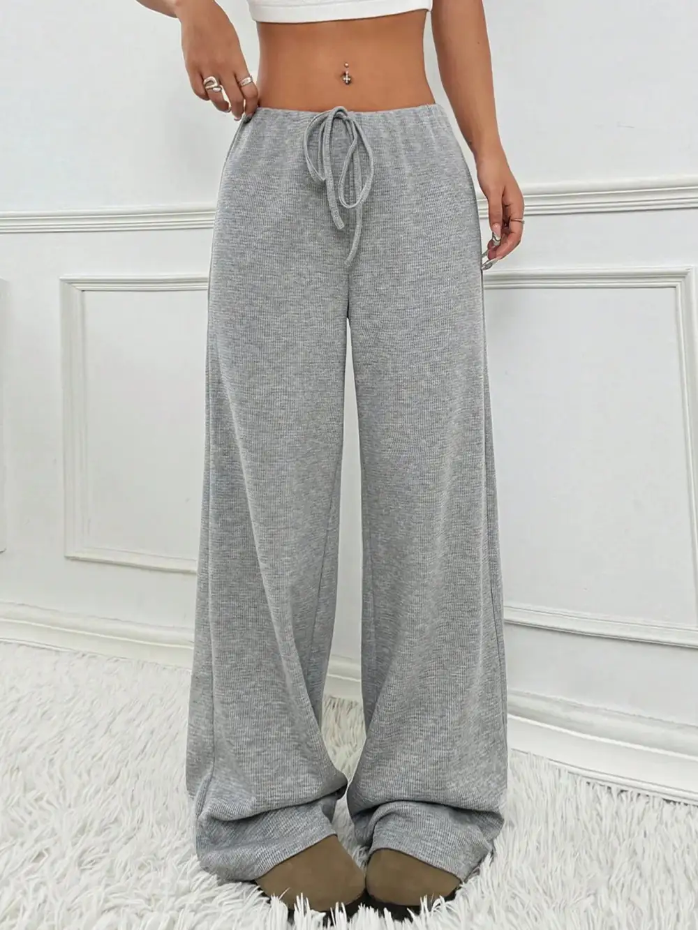 Wide Leg Drawstring Striped Casual Pants