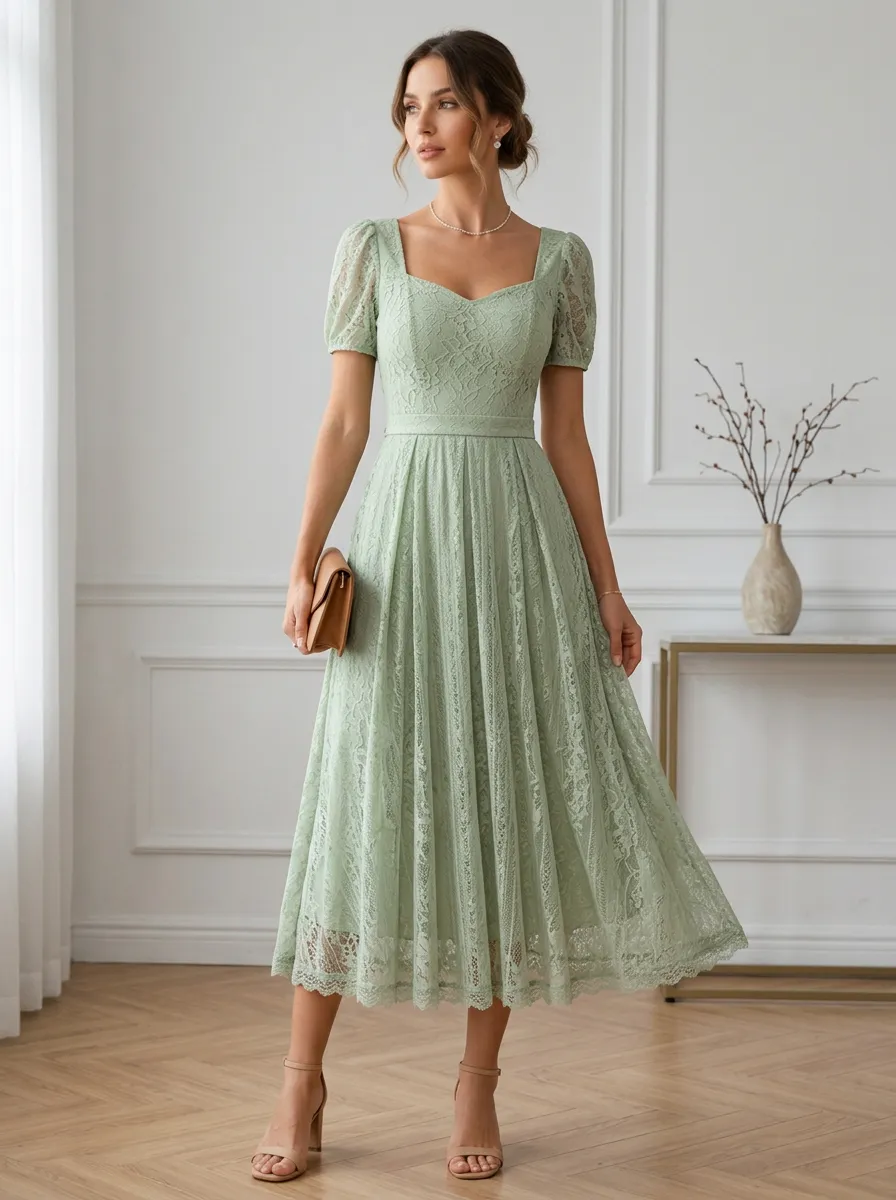 Women's Elegant Sage Green Floral Lace Puff Sleeve Midi Dress