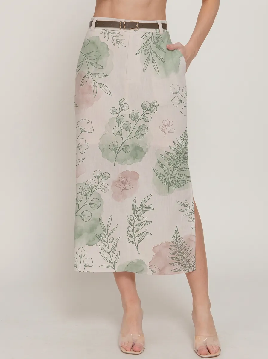 Women's Botanical Nature Lover Watercolor Leaf Printed Midi Skirt