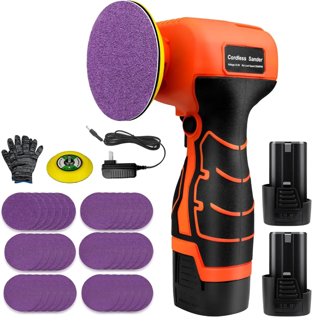 Cordless Electric Sander with 36PCS Sandpapers, 3500 RPM, 2Pcs 2000mAh Batteries, Lightweight & Compact Design for Wood, Metal, Paint Removal, and DIY Projects