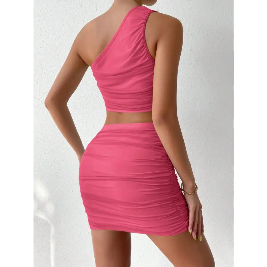 Airy Ruched Single Shoulder Top And Skirt Set