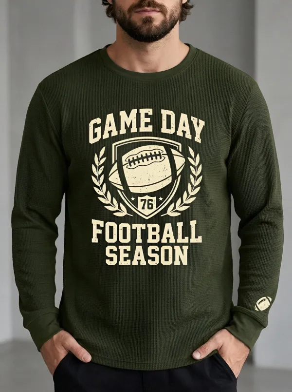 Men's American Football Game Day Shield Printed Waffle Long Sleeve T-Shirt