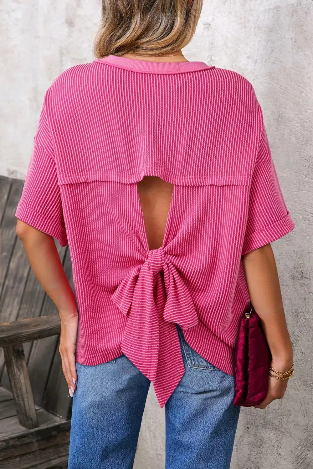 Spiral Ribbed Cutout Bow Knot Back Oversize