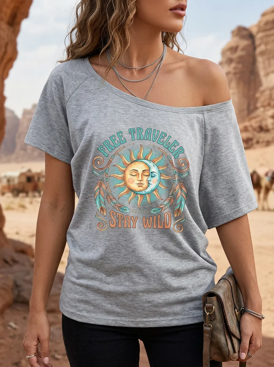 Women's Boho Traveler Sun Moon Feather Printed T-shirt