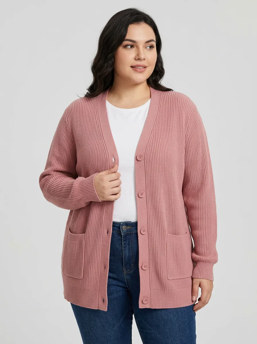 Women's Casual Dusty Pink Ribbed Knit Button Down Cardigan