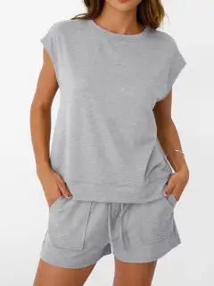 Tailored Drawstring Pocketed Top and Shorts Matching Set
