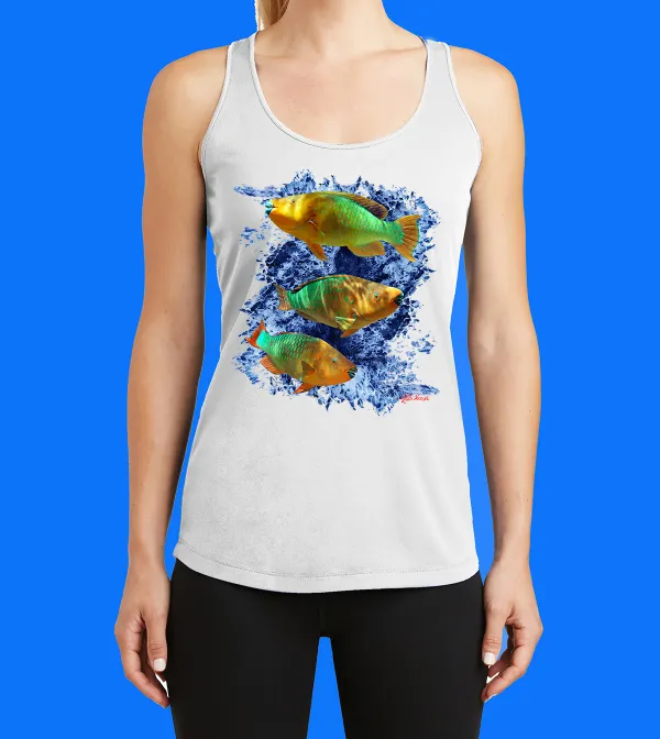 Parrotfish With Ocean Printed Racerback Tank Top