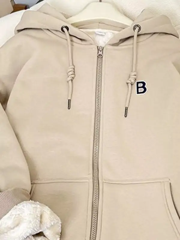Zip-Detail Drawstring Pocketed Fleece Hoodie
