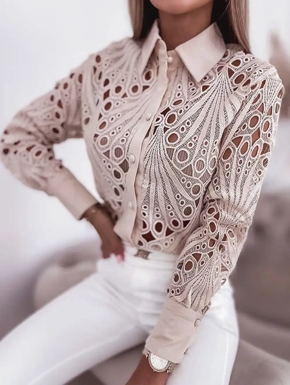 Lace Openwork Long Sleeve Blouse