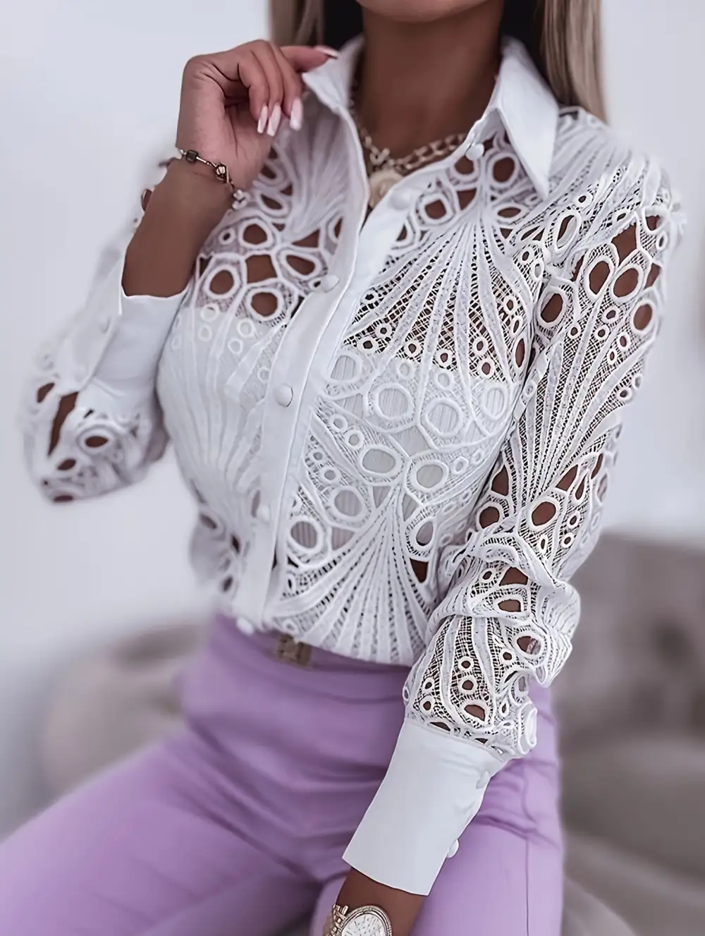 Lace Openwork Long Sleeve Blouse