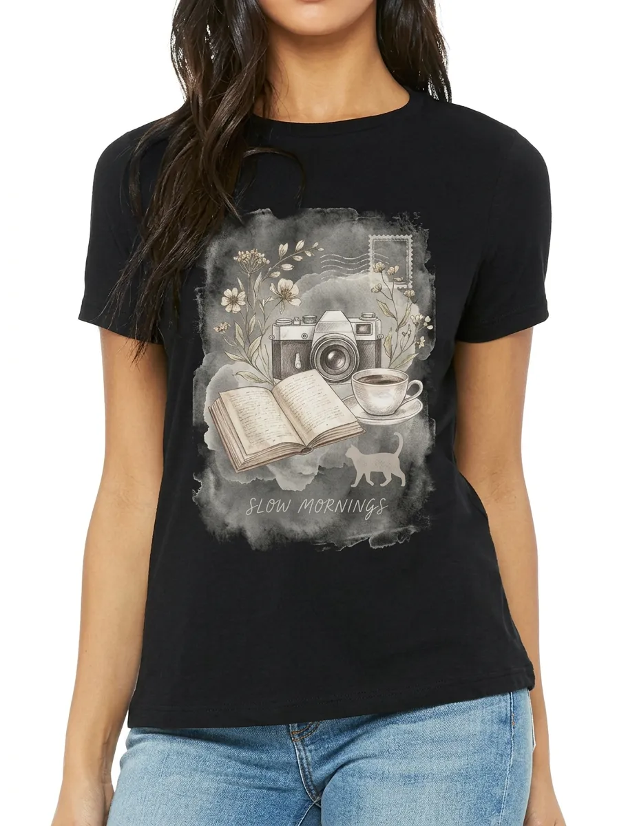 Women's Slow Mornings Camera Book Coffee Cat Printed T-shirt
